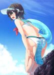  1girl adapted_costume ass back bent_over bikini black_hair blue_eyes blue_sky highres ibuki_notsu innertube murasa_minamitsu open_mouth sandals sky solo swimsuit touhou white_bikini white_swimsuit 