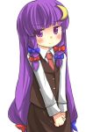  1girl blush bow cosplay crescent gaoo_(frpjx283) highres koakuma koakuma_(cosplay) long_hair necktie patchouli_knowledge purple_hair solo touhou vest violet_eyes 