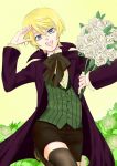  1boy alois_trancy black_legwear blonde_hair blue_eyes flower kuroshitsuji male open_mouth smile thigh-highs 