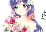  1girl blush bouquet bust flower green_eyes hair_flower hair_ornament long_hair love_live!_school_idol_project p.kibi purple_hair rose smile solo toujou_nozomi 