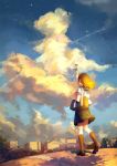  1girl bag brown_hair building cellphone cellphone_camera clouds condensation_trail highres kirayoci light_particles long_hair original phone pleated_skirt scenery school_bag school_uniform serafuku short_sleeves skirt sky solo star_(sky) town twilight walking wind 