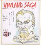  1boy 2013 artist_name askeladd beard blonde_hair blue_eyes copyright_name dated english facial_hair happy looking_at_viewer official_art short_hair signature simple_background sketch smile solo source_request spiky_hair thank_you translation_request vinland_saga white_background yukimura_makoto 
