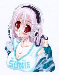 1girl blush breasts cleavage headphones large_breasts long_hair looking_at_viewer nitroplus open_mouth pink_hair red_eyes smile solo super_sonico traditional_media 