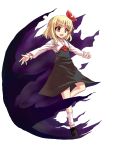  1girl :d alphes_(style) blonde_hair blouse darkness hair_ribbon highres open_mouth outstretched_arms parody qbthgry red_eyes ribbon rumia short_hair skirt smile spread_arms style_parody touhou transparent_background vest 