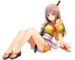  1girl blush brown_eyes brown_hair dress hairband japanese_clothes kimono onigiri_(mmorpg) sakura_(onigiri) sitting sword weapon 