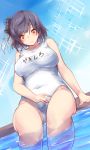 1girl black_hair breasts hair_ornament highres kantai_collection one-piece_swimsuit pool short_hair swimsuit water white_swimsuit yamashiro_(kantai_collection) yellow_eyes yuky_(cassis_powder) 