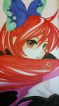  1girl ahoge bow breasts bust cape cleavage hair_bow highres lips looking_at_viewer marker_(medium) matsuppoi parted_lips red_eyes redhead sekibanki short_hair solo touhou traditional_media white_background 