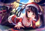  1girl bare_shoulders bell bisonbison black_hair black_legwear blush breasts cleavage clock_eyes date_a_live detached_sleeves dress hat heterochromia long_hair looking_at_viewer lying neck_ribbon on_stomach red_eyes ribbon santa_costume santa_hat smile solo thighhighs tokisaki_kurumi twintails yellow_eyes 