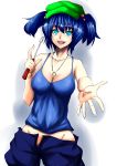  1girl between_breasts blue_eyes blue_hair blue_shirt breasts cleavage collarbone hair_bobbles hair_ornament hat highres ichitsuki_nebura jewelry kawashiro_nitori key looking_at_viewer mound_of_venus necklace open_mouth outstretched_hand pants simple_background smile solo tank_top touhou twintails unzipped white_background 