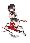  1girl between_thighs blue_eyes broken broken_weapon brown_hair hair_ornament hirosaki_(shirohime_quest) japanese_clothes naginata official_art personification polearm shirohime_quest short_hair solo tagme tears transparent_background weapon 