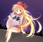  1girl aino_minako artemis_(sailor_moon) bishoujo_senshi_sailor_moon blonde_hair blue_eyes bow brooch cat choker elbow_gloves gloves hair_bow jewelry komowata_haruka long_hair magical_girl mask mask_removed orange_skirt purple_background ribbon sailor_collar sailor_venus shoes sitting skirt smile tiara white_gloves 