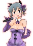  1girl animal_ears bare_shoulders breasts cat_ears cleavage do_(taka) elbow_gloves gloves green_eyes green_hair hair_ornament hidamari_sketch microphone nori pinky_out short_hair short_twintails smile solo twintails 