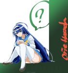  1girl ? ahoge alternate_costume blue_eyes blue_hair hairband huge_ahoge kojima_takuro long_hair orie_(under_night_in-birth) panties pantyshot pantyshot_(sitting) school_uniform serafuku sitting smile solo thigh-highs under_night_in-birth underwear white_legwear 