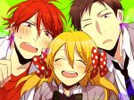  1girl 2boys ^_^ black_hair blonde_hair bow closed_eyes gekkan_shoujo_nozaki-kun hair_bow mikoshiba_mikoto multiple_boys necktie nozaki_umetarou oda_kazuomi open_mouth polka_dot_bow redhead sakura_chiyo school_uniform smile 