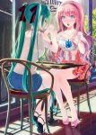  2girls artist_name blue_eyes blush chair dress earrings green_hair hair_ribbon hairband hatsune_miku highres jewelry long_hair megurine_luka multiple_girls necklace okingjo open_mouth pink_hair ribbon sitting spoon table twintails very_long_hair vocaloid window 
