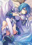  1girl blue_eyes blue_hair breasts cape cleavage fal_maro gloves highres large_breasts magical_girl mahou_shoujo_madoka_magica miki_sayaka no_panties panties panties_around_one_leg short_hair solo thigh-highs torn_clothes underwear white_gloves white_legwear 
