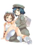  2girls akitsu_maru_(kantai_collection) backpack bag blue_eyes blue_hair brown_eyes brown_hair goggles goggles_on_head hat kantai_collection looking_at_viewer malino_(dream_maker) maru-yu_(kantai_collection) multiple_girls open_mouth short_hair swimsuit thigh-highs v 