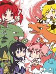  4girls :&lt; aegislash akemi_homura azumarill bare_shoulders beret black_hair blonde_hair bow bubble_skirt charizard corset detached_sleeves drill_hair eye_contact fingerless_gloves gloves hair_bow hair_ornament hairband hairpin hat kaname_madoka long_hair looking_at_another magical_girl mahou_shoujo_madoka_magica multiple_girls pantyhose pink_hair pointing poke_ball pokemon pokemon_(creature) ponytail puffy_sleeves red_eyes redhead sakura_kyouko short_hair short_twintails smile tomoe_mami twin_drills twintails tyranitar violet_eyes yellow_eyes yukasuke 