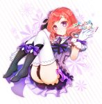  1girl blush boots gloves legs_up love_live!_school_idol_project nishikino_maki redhead short_hair sibyl skirt smile solo striped striped_background thigh-highs violet_eyes white_gloves white_legwear 