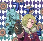  1boy 1girl blonde_hair bob_cut checkered checkered_background clock closed_eyes crossover diamond_(shape) gloves jojo_no_kimyou_na_bouken killer_queen power_connection short_hair simple_background stand_(jojo) stuffed_animal stuffed_toy teddy_bear weekend_(witch_craft_works) witch zaltys 