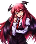  1girl bat_wings bespectacled glasses head_wings highres index_finger_raised koakuma long_hair looking_at_viewer one_eye_closed red_eyes redhead simple_background smile solo t.m_(aqua6233) tongue tongue_out touhou white_background wings 