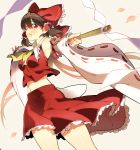  1girl bow breasts brown_hair detached_sleeves gohei hair_bow hair_tubes hakurei_reimu long_hair looking_at_viewer midriff navel open_mouth petals rassie_s red_eyes red_skirt skirt solo touhou wide_sleeves 