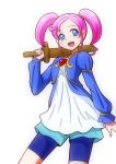  1girl :d bakusai bike_shorts blue_jacket blue_legwear blush choker dokidoki!_precure eyelashes hair_ornament happy jacket looking_at_viewer marie_ange open_mouth pink_hair precure shirt short_hair shorts shorts_under_skirt simple_background skirt smile solo standing sword twintails weapon white_background wooden_sword younger 