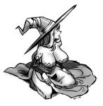  1girl breasts cleavage dated dragon&#039;s_crown hat large_breasts long_hair mariel_cartwright monochrome simple_background solo sorceress_(dragon&#039;s_crown) staff white_background witch_hat 