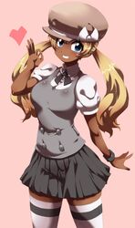  1girl alternate_costume alternate_hairstyle blonde_hair blue_eyes blush breasts cabbie_hat dark_skin grin hat heart long_hair ok_sign pokemon pokemon_(game) pokemon_xy puffy_sleeves serena_(pokemon) skirt smile solo thigh-highs tokyo_(great_akuta) twintails vest zettai_ryouiki 