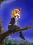  1girl :d blonde_hair blouse blue_sky branch hair_ribbon in_tree open_mouth qbthgry red_eyes ribbon rumia short_hair sitting sitting_in_tree skirt sky smile touhou tree vest 