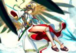  1girl armor athena_(p&amp;d) belt dress flying gauntlets gradient gradient_background green_hair helmet holding holding_weapon long_hair looking_at_viewer nuda polearm puzzle_&amp;_dragons red_eyes sandals sheath solo spear sword weapon white_dress wings 