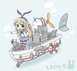  &gt;:3 &gt;_&lt; 1girl :3 anchor_symbol blonde_hair blue_skirt boat bow elbow_gloves gloves hair_bow hairband highres kantai_collection long_hair looking_at_viewer motor_vehicle neckerchief open_mouth pleated_skirt pointing propeller rensouhou-chan sailor_collar shimakaze_(kantai_collection) skirt solo striped striped_legwear vehicle wacky_races yuasan |_| 