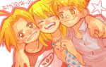  1girl 2boys ahoge alphonse_elric arm_around_neck blonde_hair brothers casual child closed_eyes dutch_angle edward_elric fullmetal_alchemist multiple_boys short_hair siblings smile winry_rockbell yellow_eyes younger 