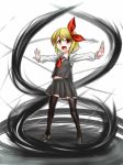  1girl :d blonde_hair blouse darkness fang hair_ribbon open_mouth outstretched_arms qbthgry red_eyes ribbon rumia short_hair skirt smile spread_arms thigh-highs touhou vest 