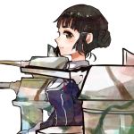  1girl black_hair blouse brown_eyes camouflage cannon gloves hair_bun hair_ornament itomugi-kun jacket kantai_collection lips long_sleeves myoukou_(kantai_collection) short_hair smile turret white_gloves 