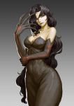  1girl bare_shoulders black_dress black_hair breasts collarbone dress elbow_gloves fullmetal_alchemist gloves large_breasts lips long_hair looking_at_viewer lust red_eyes solo thick_thighs thighs very_long_hair wide_hips yinanhuanle 