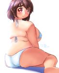  1girl 2014 ass bikini breasts brown_hair dated eno_konoe eyebrows fat fat_folds from_behind large_breasts looking_at_viewer mikomu original red_eyes short_hair signature skindentation smile solo swimsuit thick_eyebrows thighs 