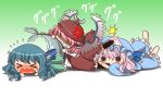  &gt;_&lt; 3girls anger_vein animal_ears blue_hair chibi crying dress eating gradient gradient_background hat head_fins japanese_clothes kimono mermaid monster_girl multiple_girls mystia_lorelei open_mouth pink_hair saigyouji_yuyuko short_hair t.m_(aqua6233) touhou triangular_headpiece wakasagihime wings 