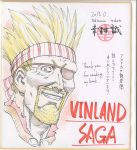  1boy 2013 artist_name beard blonde_hair blue_eyes copyright_name dated english eyepatch facial_hair hairband happy looking_at_viewer official_art short_hair signature simple_background sketch smile solo spiky_hair thank_you thorkell translation_request vinland_saga white_background yukimura_makoto 