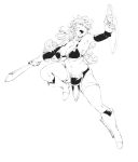  1girl breasts cleavage curly_hair dragon_quest dragon_quest_iii large_breasts long_hair monochrome no_headwear no_helmet orushibu simple_background smile soldier_(dq3) solo thick_thighs thighs white_background 