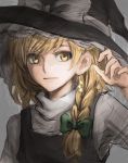  1girl blonde_hair bow braid bust expressionless gradient gradient_background grey_background hair_bow hat hat_ribbon high_collar jewelry kirisame_marisa long_hair looking_at_viewer nip_to_chip raised_hand ribbon short_sleeves single_braid single_earring sketch solo touhou witch_hat yellow_eyes 