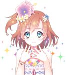  1girl blue_eyes brown_hair bust flower hair_flower hair_ornament kousaka_honoka looking_at_viewer love_live!_school_idol_project nail_polish short_hair side_ponytail smile solo sparkle sui_(gyujji) 