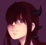 1girl akemi_homura black_hair hair_over_one_eye hairband long_hair looking_at_viewer mahou_shoujo_madoka_magica mahou_shoujo_madoka_magica_movie monster_girl papeapoo portrait purple_background simple_background smile solo violet_eyes 