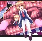  1girl :d blonde_hair blouse character_doll checkered checkered_floor couch dress frilled_dress frills hair_ribbon heart long_sleeves necktie open_mouth orange_eyes pantyhose ribbon rumia short_hair sitting smile touhou wendell 