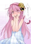 1girl blush commentary_request hammer_(sunset_beach) hata_no_kokoro long_hair looking_at_viewer mask naked_towel pink_eyes pink_hair solo touhou towel translation_request 