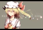  1girl ascot blonde_hair bow crying flandre_scarlet frown hat hat_bow highres koga_rejini letterboxed red_eyes side_ponytail simple_background solo tears text touhou 