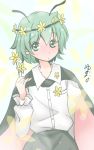  1girl blush flower flower_on_head gradient gradient_background green_eyes green_hair highres holding looking_at_viewer short_hair signature simple_background sketch solo tagme touhou wriggle_nightbug yuzuna99 