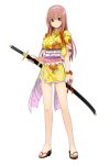  1girl blush brown_eyes brown_hair dress hairband japanese_clothes kimono onigiri_(mmorpg) ribbon sakura_(onigiri) sword weapon 