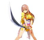  1girl blush brown_eyes brown_hair dress hairband japanese_clothes kimono onigiri_(mmorpg) pointing_sword ribbon sakura_(onigiri) sword weapon 