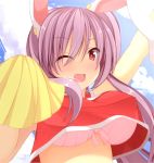  1girl ;d animal_ears arm_up bra bust cheerleader chimunge long_hair looking_at_viewer one_eye_closed open_mouth pink_bra pom_poms purple_hair rabbit_ears red_eyes reisen_udongein_inaba sky smile solo touhou underwear 